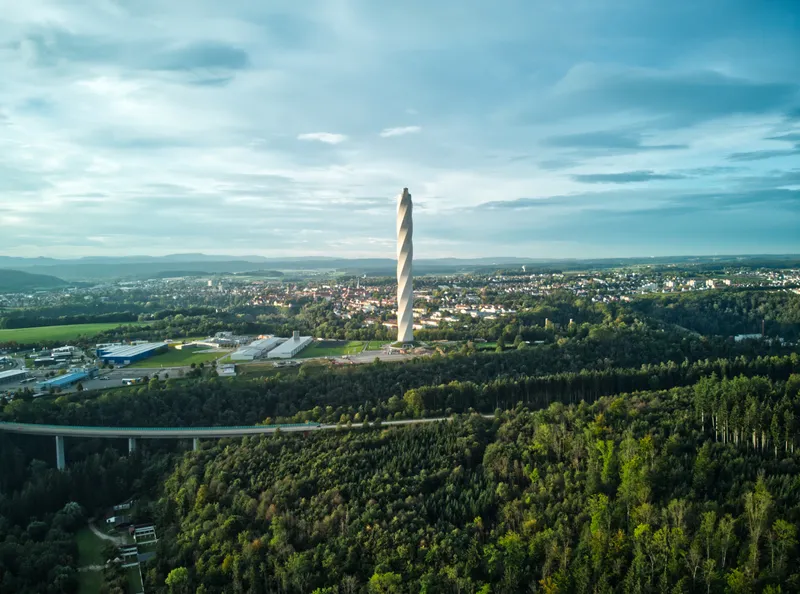 Aerial photo of a town and forest